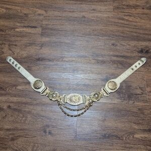 Vintage Streets Ahead Gold Tone Leather Chain Rhinestones Heavy Belt